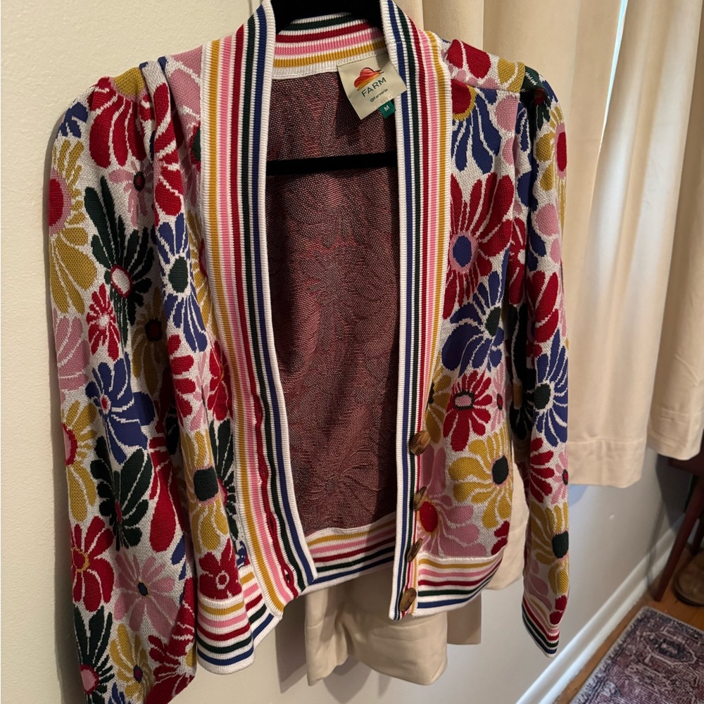 Farm Rio Sunny Daisies Floral Jacquard Cardigan Size Medium